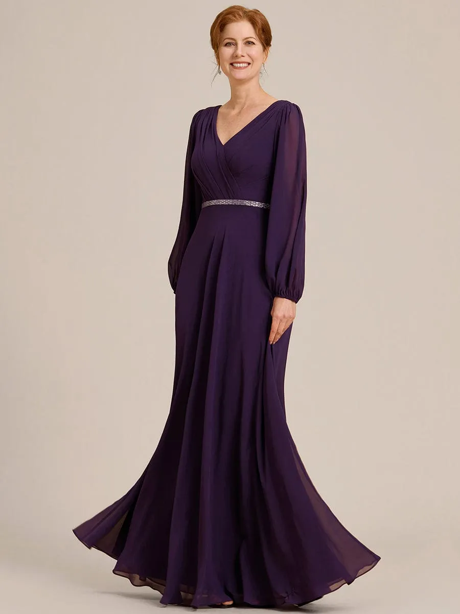 Clara | V-Neck Long Sleeves Shiny Belt Chiffon Mother of the Bride Dress