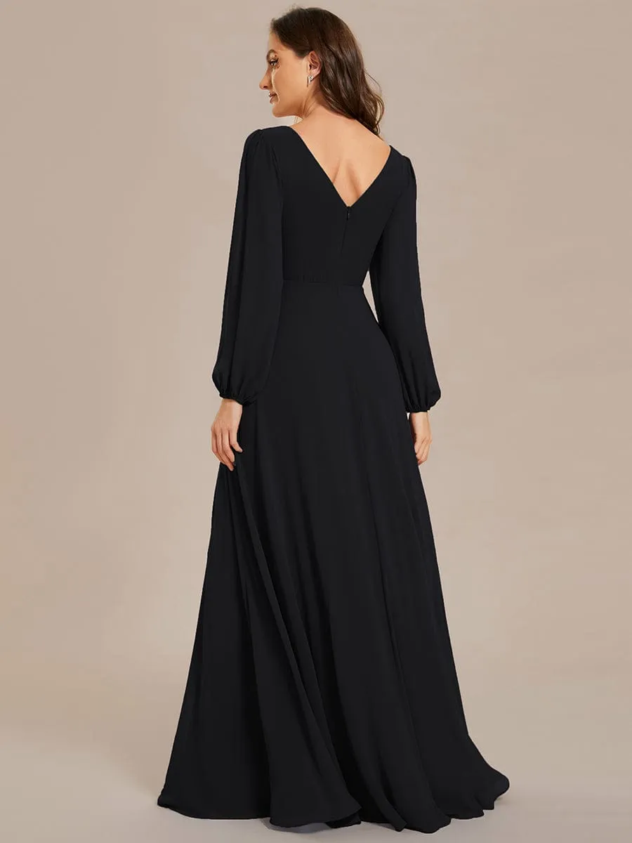 Clara | V-Neck Long Sleeves Shiny Belt Chiffon Mother of the Bride Dress
