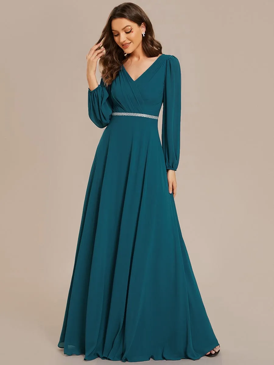 Clara | V-Neck Long Sleeves Shiny Belt Chiffon Mother of the Bride Dress