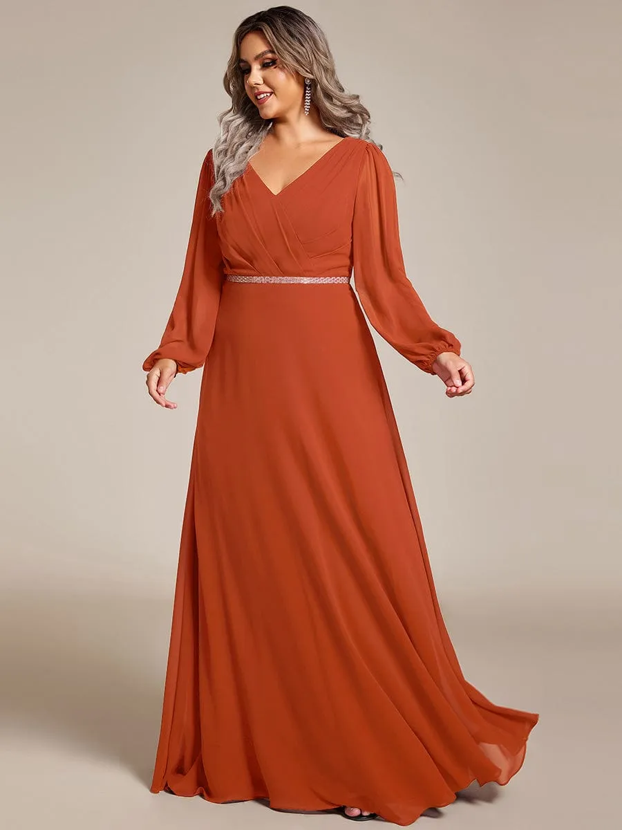 Clara | V-Neck Long Sleeves Shiny Belt Chiffon Mother of the Bride Dress