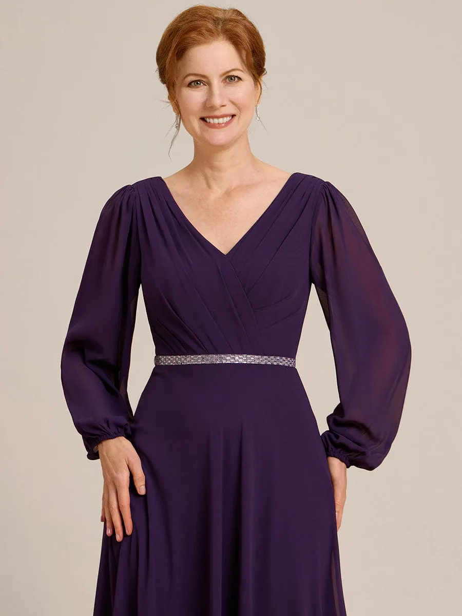 Clara | V-Neck Long Sleeves Shiny Belt Chiffon Mother of the Bride Dress