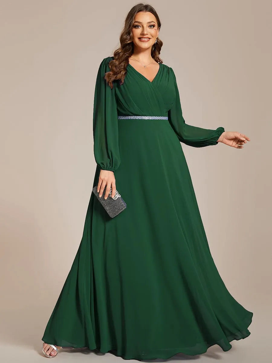 Clara | V-Neck Long Sleeves Shiny Belt Chiffon Mother of the Bride Dress