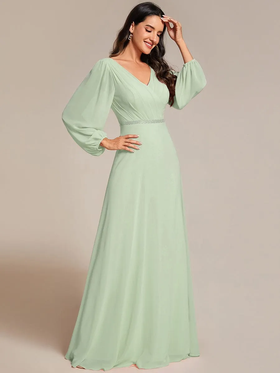 Clara | V-Neck Long Sleeves Shiny Belt Chiffon Mother of the Bride Dress