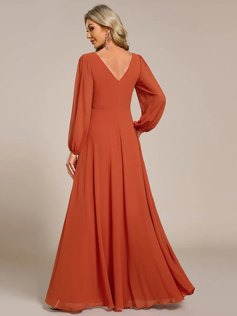 Clara | V-Neck Long Sleeves Shiny Belt Chiffon Mother of the Bride Dress