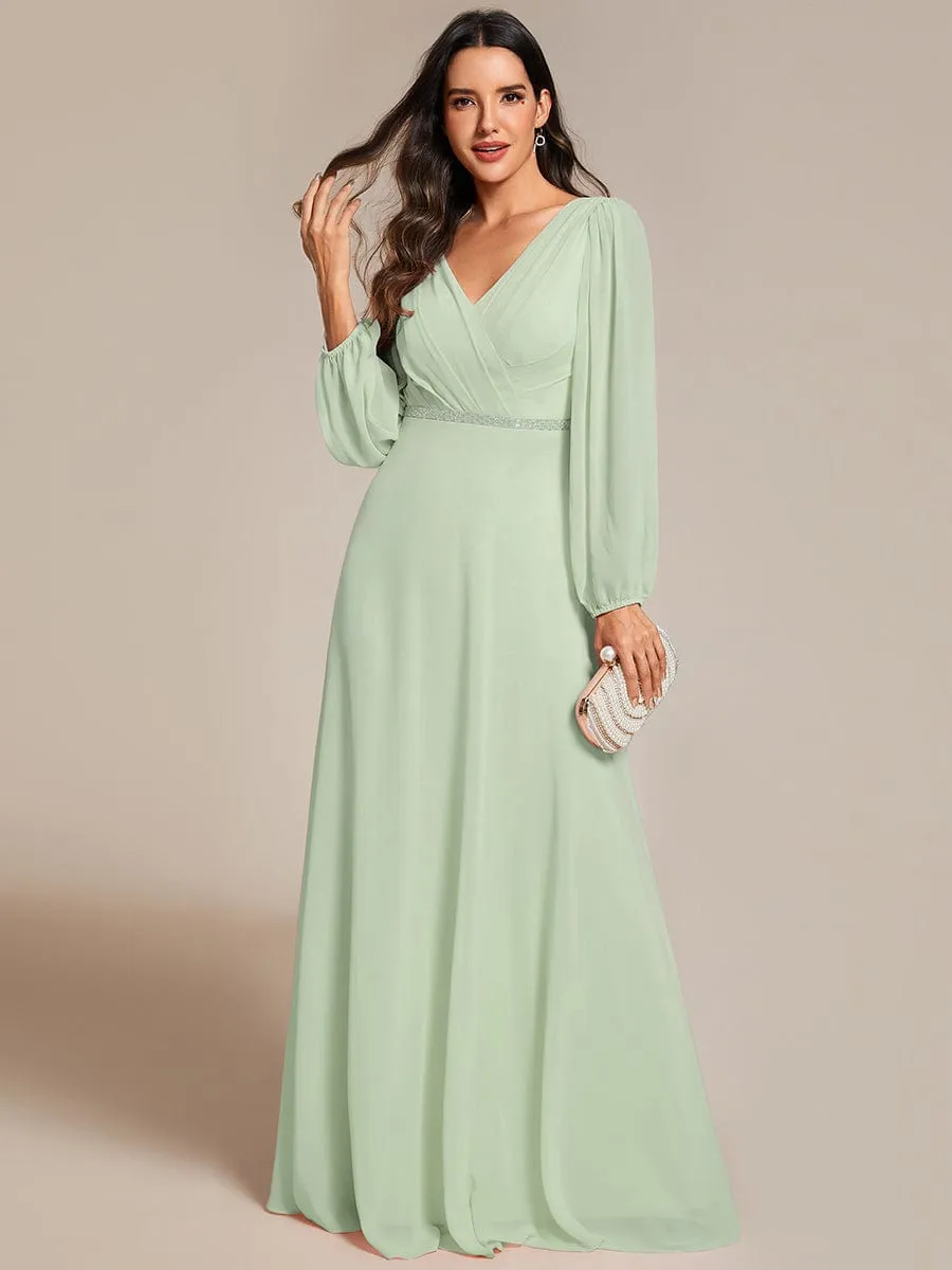 Clara | V-Neck Long Sleeves Shiny Belt Chiffon Mother of the Bride Dress