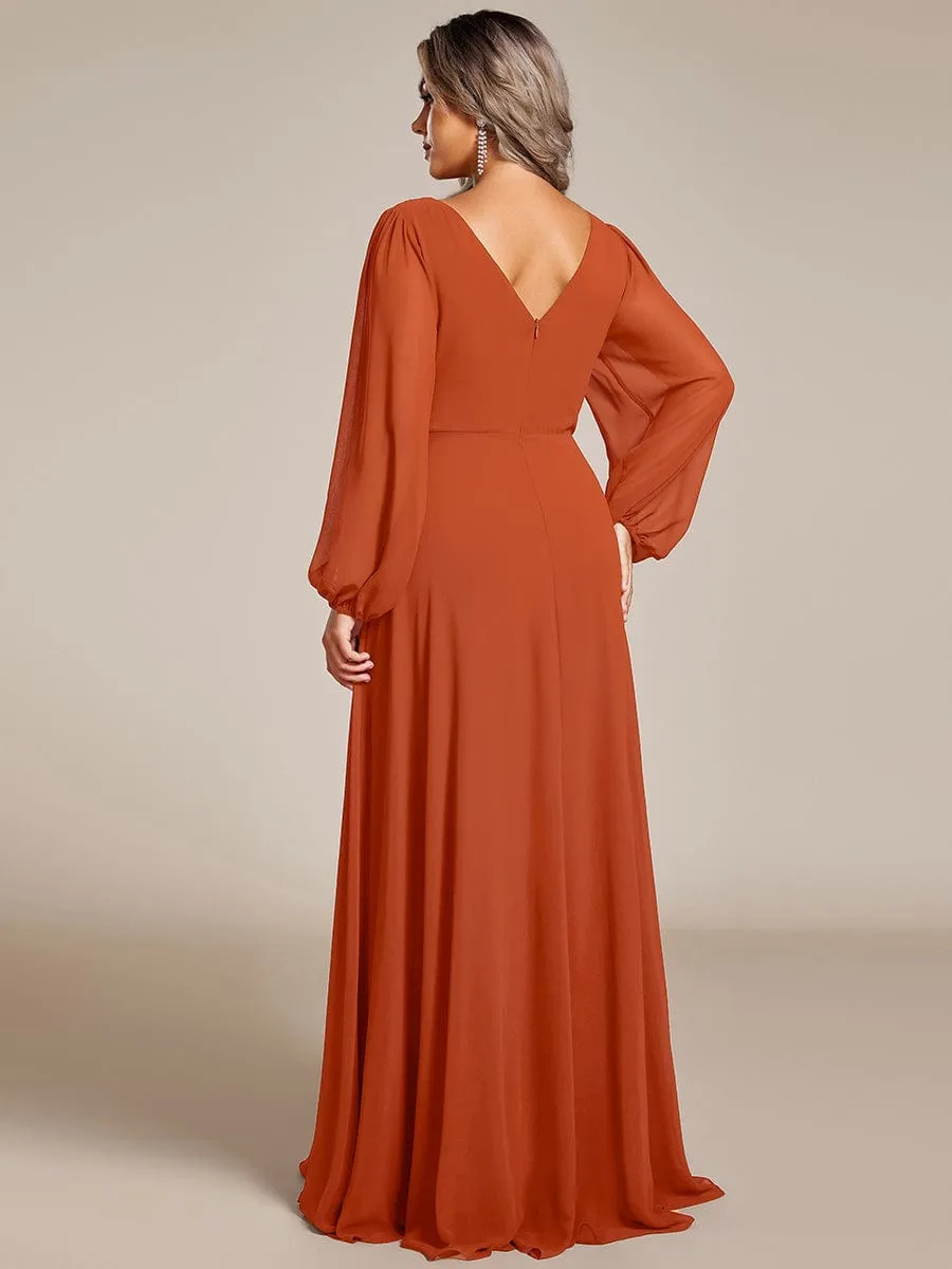 Clara | V-Neck Long Sleeves Shiny Belt Chiffon Mother of the Bride Dress
