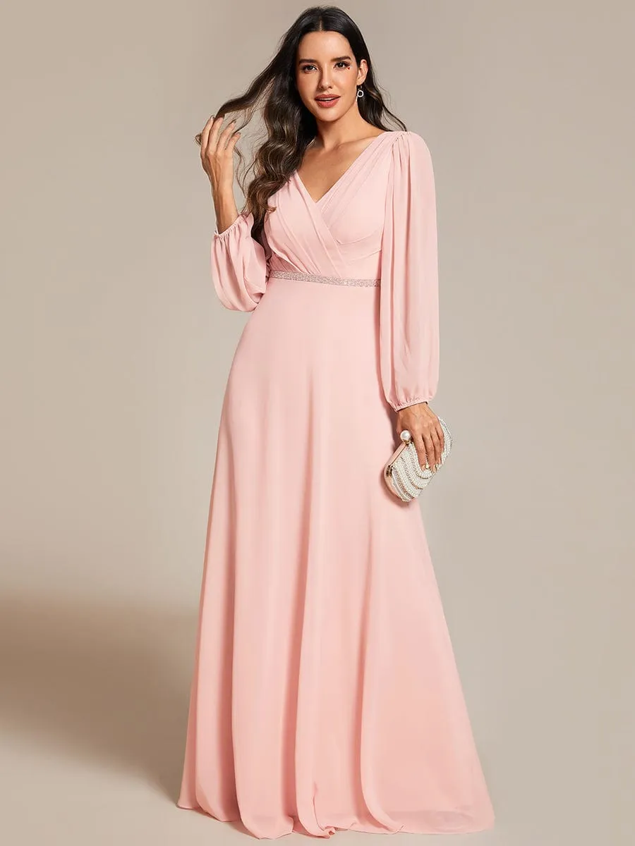 Clara | V-Neck Long Sleeves Shiny Belt Chiffon Mother of the Bride Dress