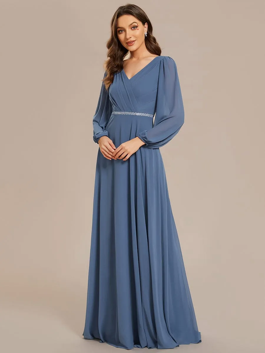 Clara | V-Neck Long Sleeves Shiny Belt Chiffon Mother of the Bride Dress