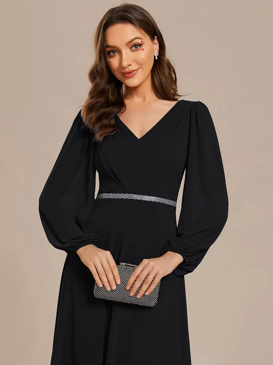 Clara | V-Neck Long Sleeves Shiny Belt Chiffon Mother of the Bride Dress