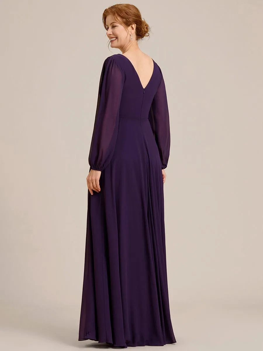 Clara | V-Neck Long Sleeves Shiny Belt Chiffon Mother of the Bride Dress