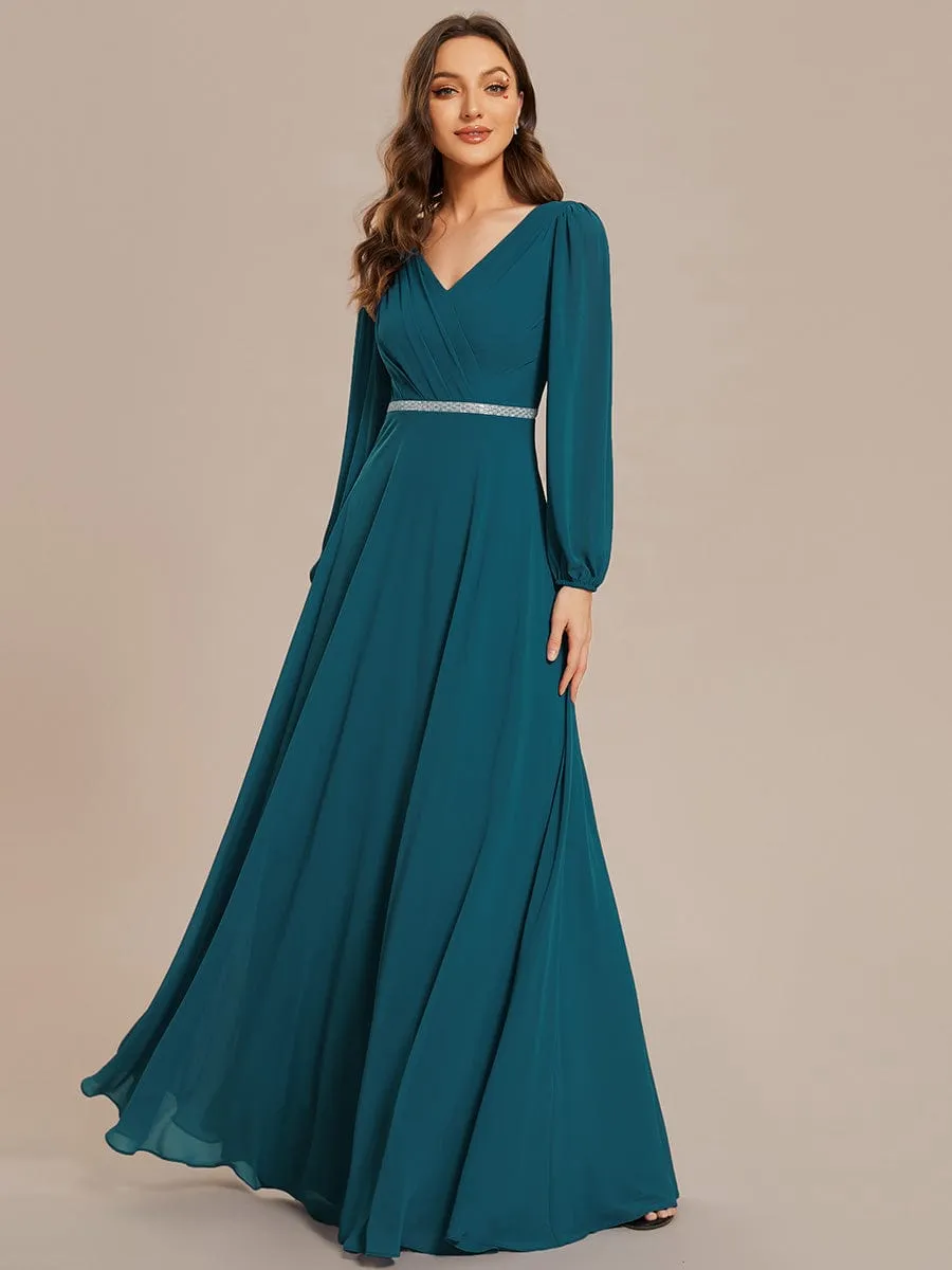 Clara | V-Neck Long Sleeves Shiny Belt Chiffon Mother of the Bride Dress