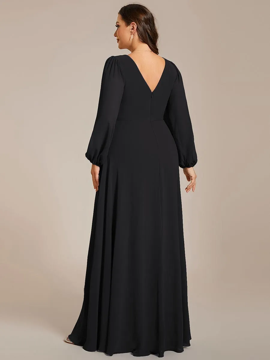 Clara | V-Neck Long Sleeves Shiny Belt Chiffon Mother of the Bride Dress