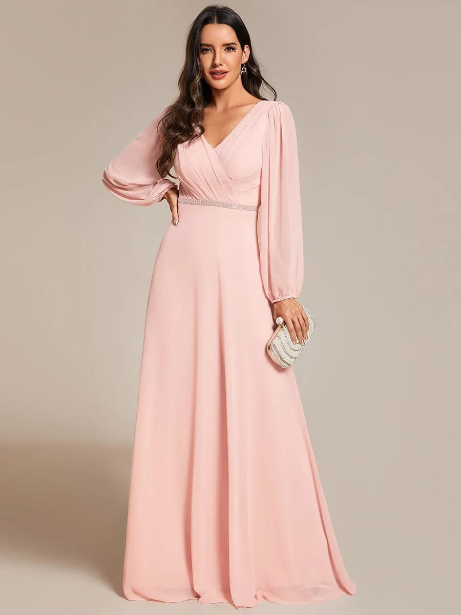 Clara | V-Neck Long Sleeves Shiny Belt Chiffon Mother of the Bride Dress