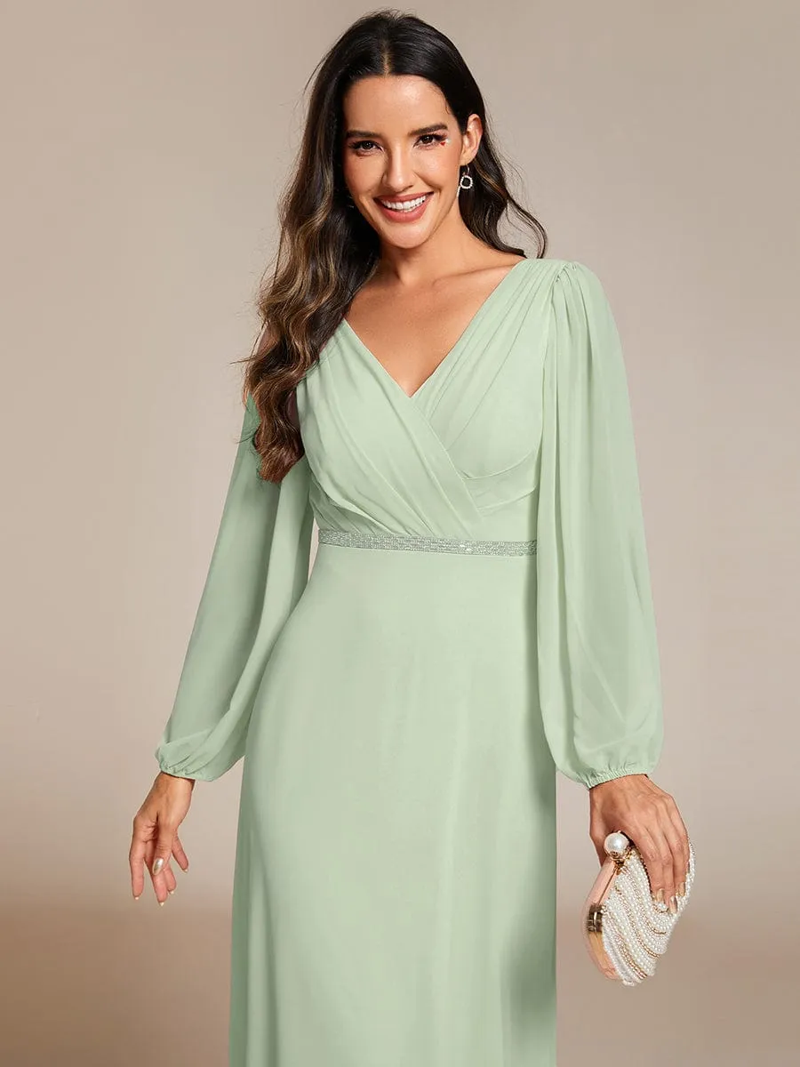 Clara | V-Neck Long Sleeves Shiny Belt Chiffon Mother of the Bride Dress