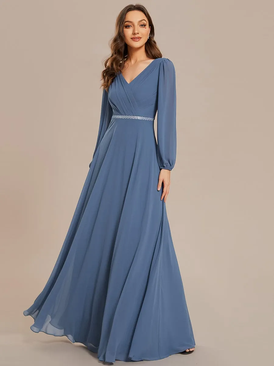 Clara | V-Neck Long Sleeves Shiny Belt Chiffon Mother of the Bride Dress