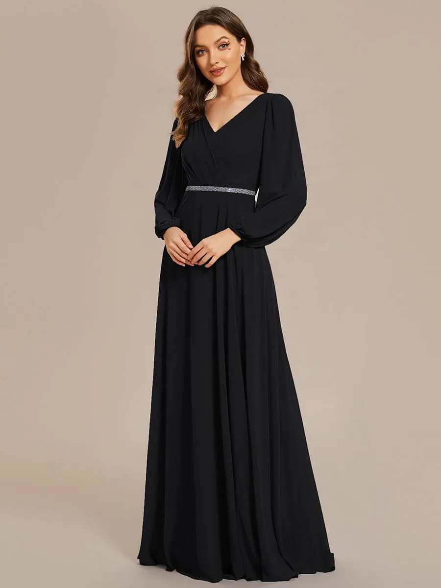 Clara | V-Neck Long Sleeves Shiny Belt Chiffon Mother of the Bride Dress