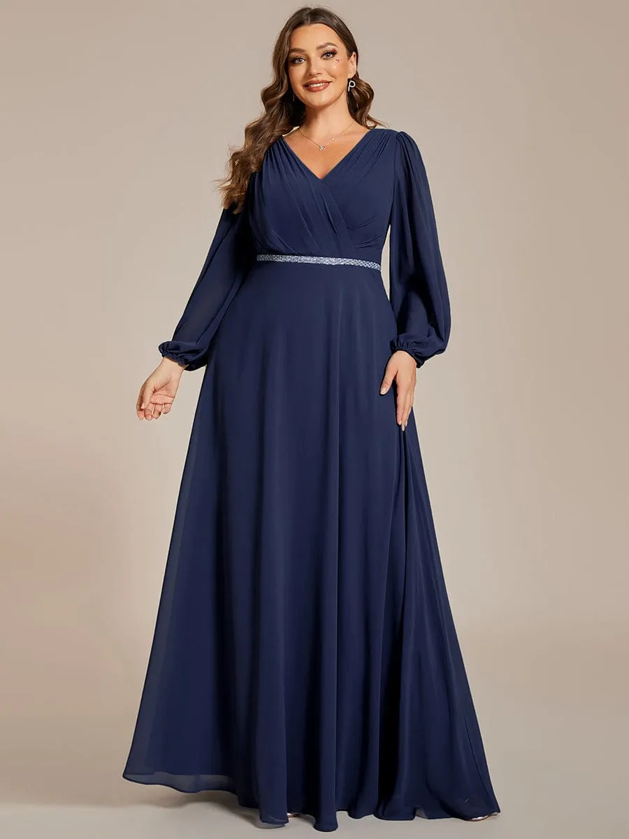 Clara | V-Neck Long Sleeves Shiny Belt Chiffon Mother of the Bride Dress