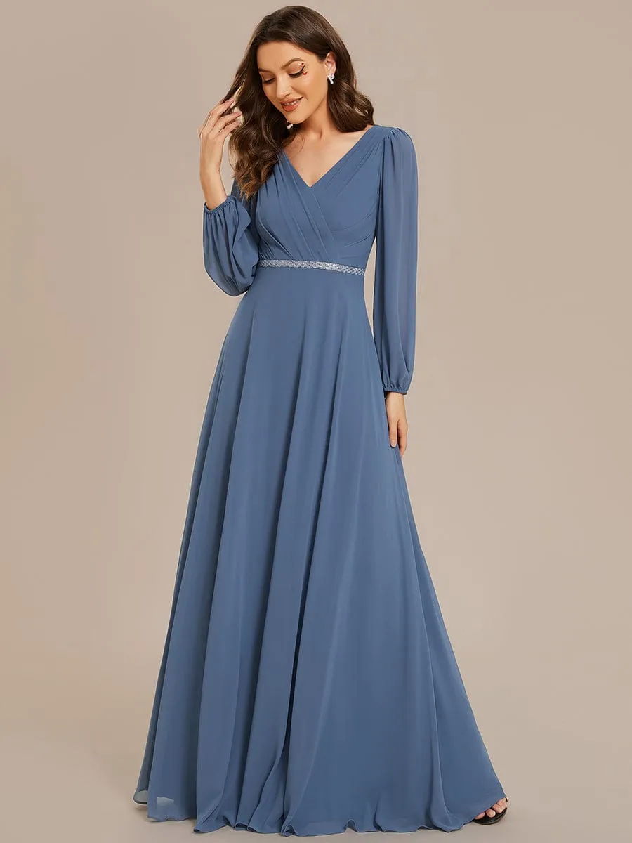 Clara | V-Neck Long Sleeves Shiny Belt Chiffon Mother of the Bride Dress