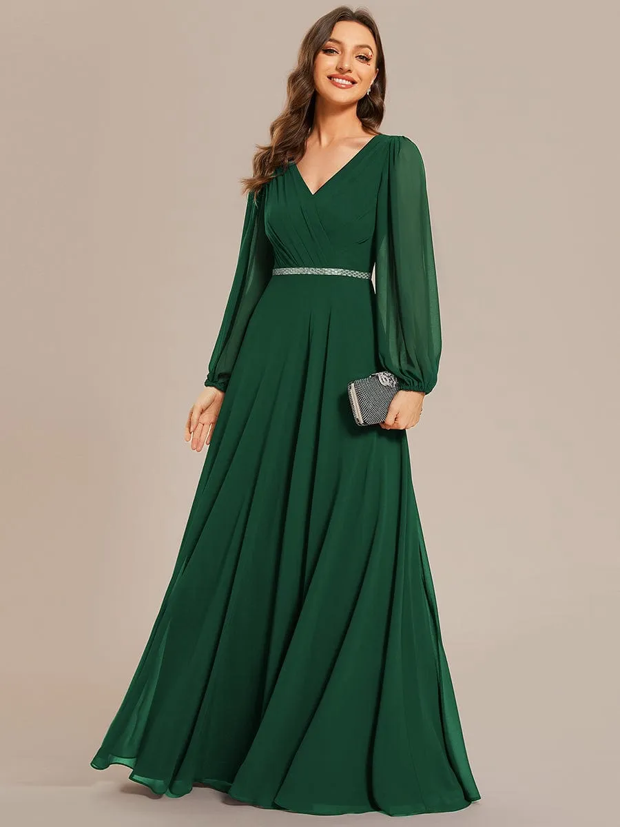 Clara | V-Neck Long Sleeves Shiny Belt Chiffon Mother of the Bride Dress