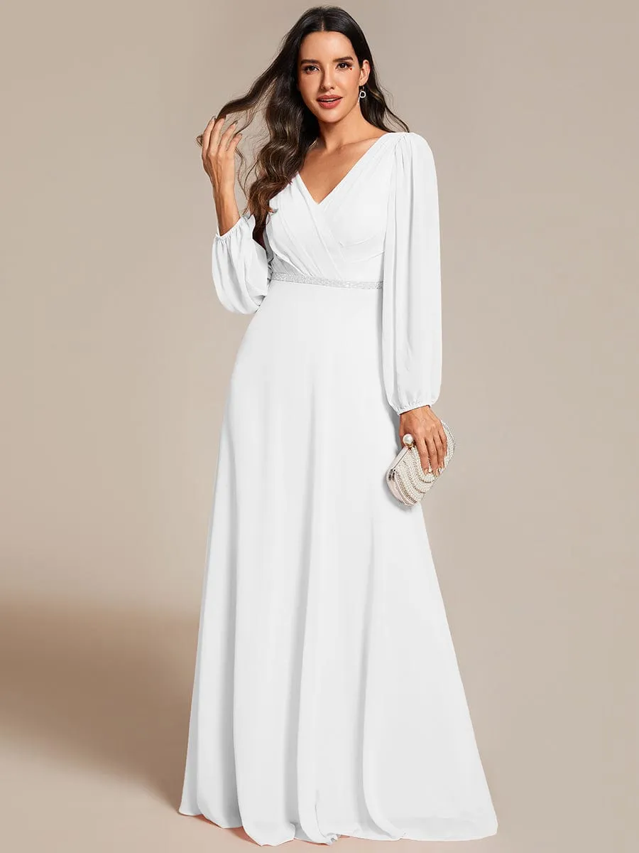 Clara | V-Neck Long Sleeves Shiny Belt Chiffon Mother of the Bride Dress