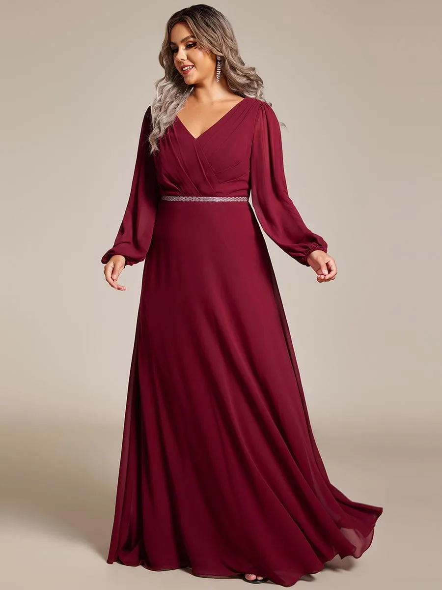 Clara | V-Neck Long Sleeves Shiny Belt Chiffon Mother of the Bride Dress