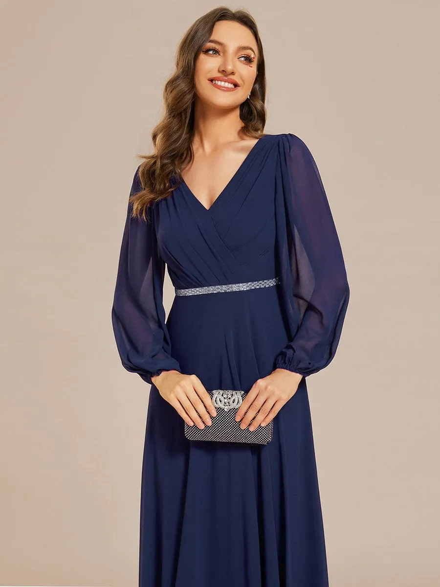 Clara | V-Neck Long Sleeves Shiny Belt Chiffon Mother of the Bride Dress