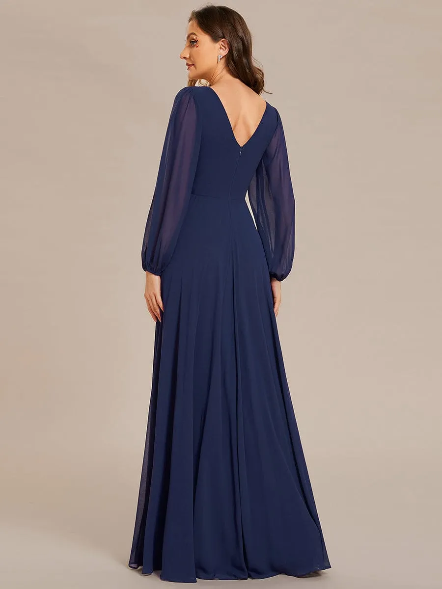 Clara | V-Neck Long Sleeves Shiny Belt Chiffon Mother of the Bride Dress