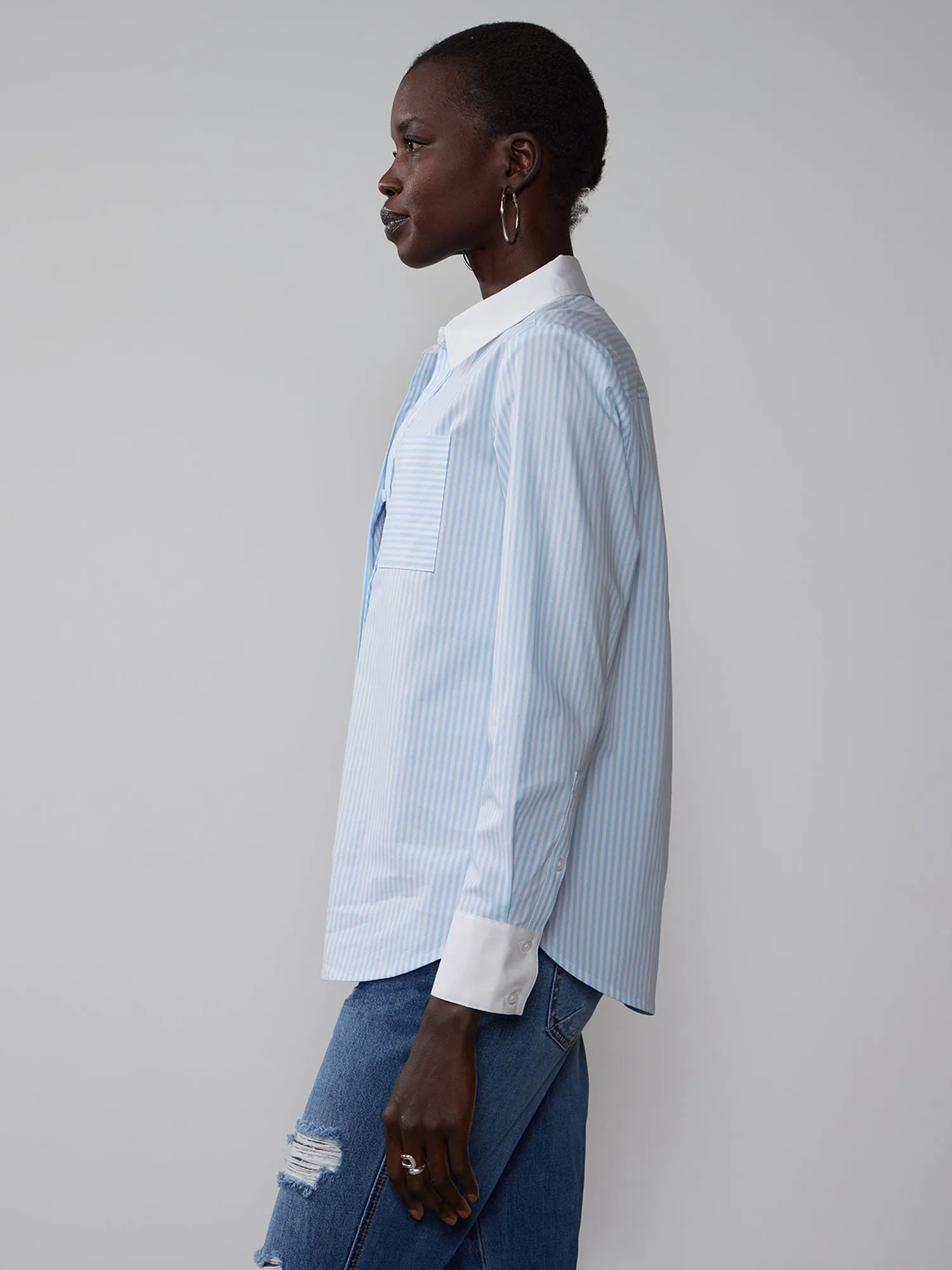 Contrast Cuff Collar Stripe Button Down Shirt