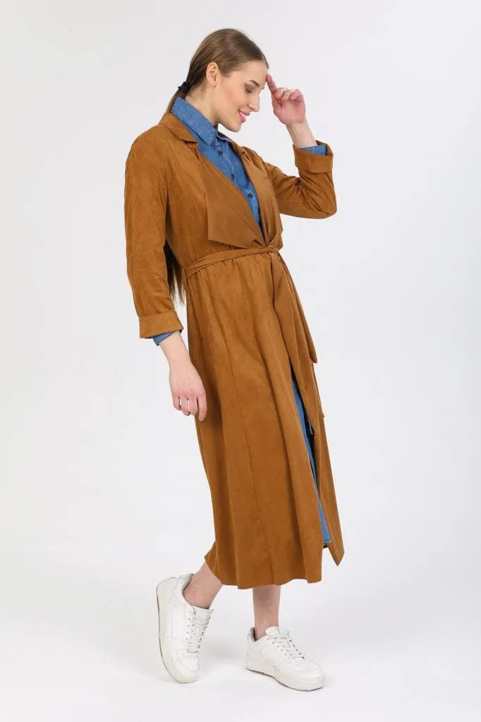 Designer Suede Leather Camel Trench Coat