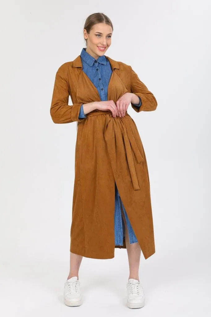 Designer Suede Leather Camel Trench Coat