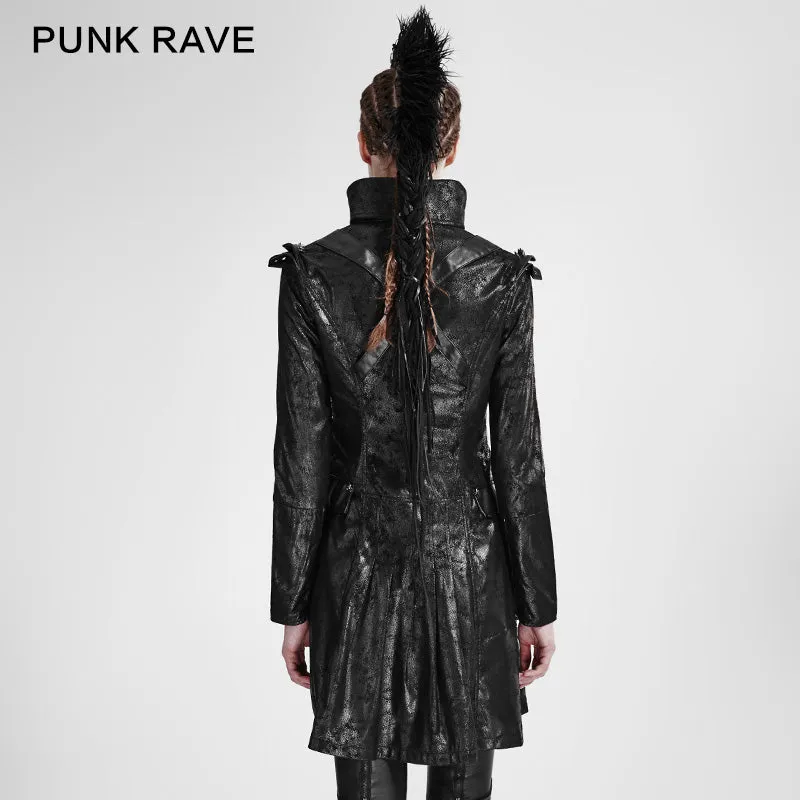 Fashion Black Long Leather Punk Trench Coats With Standing Collar
