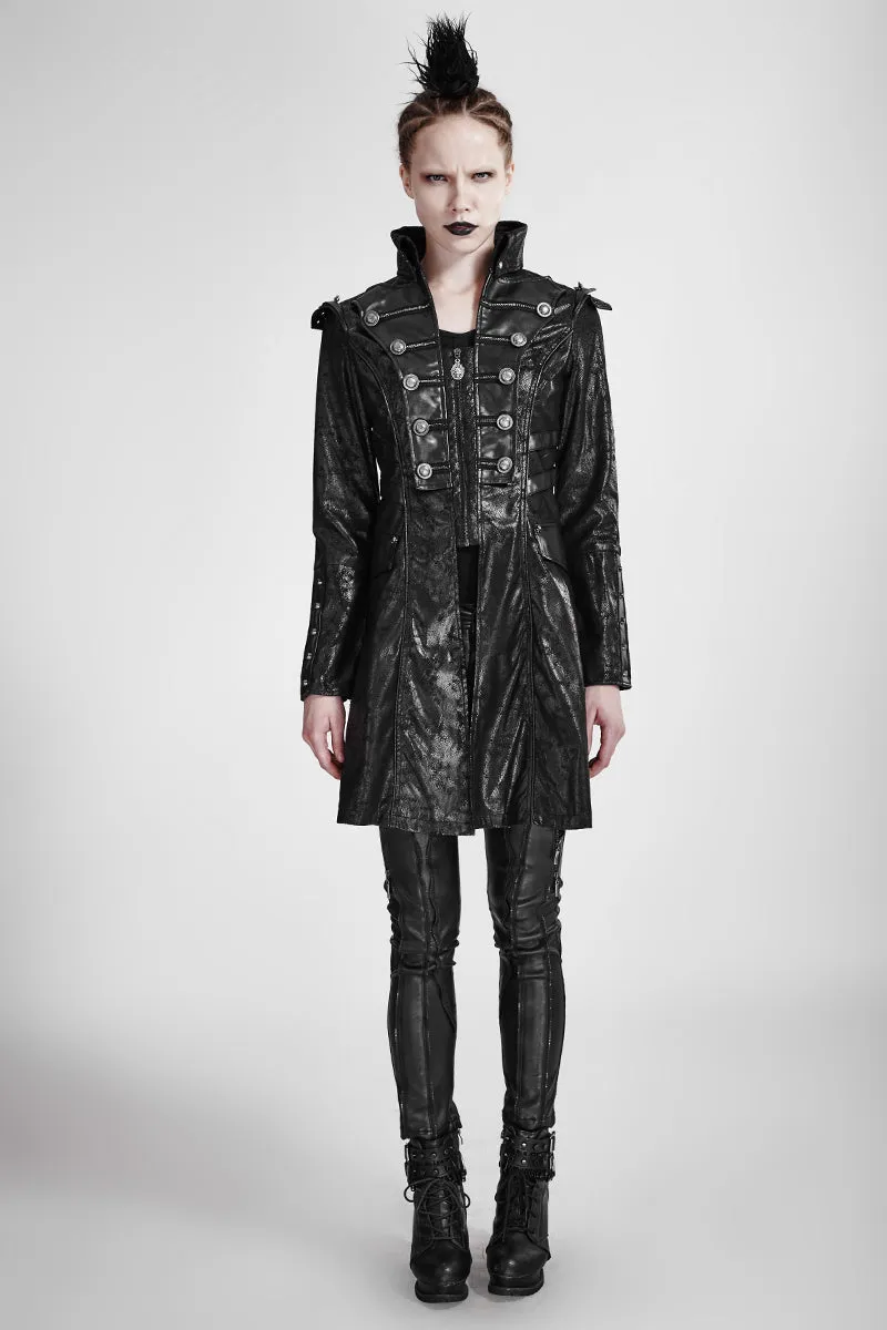 Fashion Black Long Leather Punk Trench Coats With Standing Collar