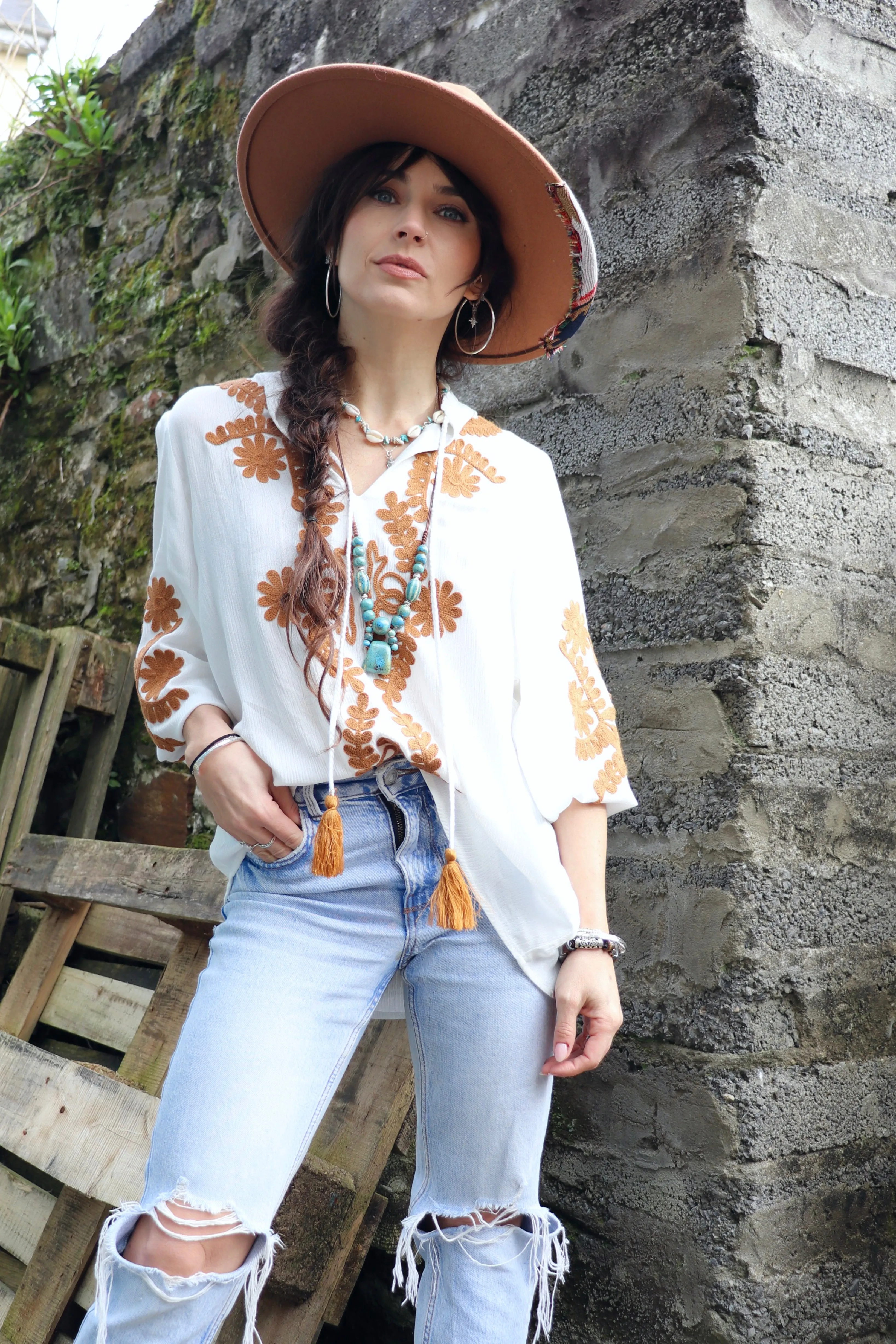 Floral embroidered peasant blouse