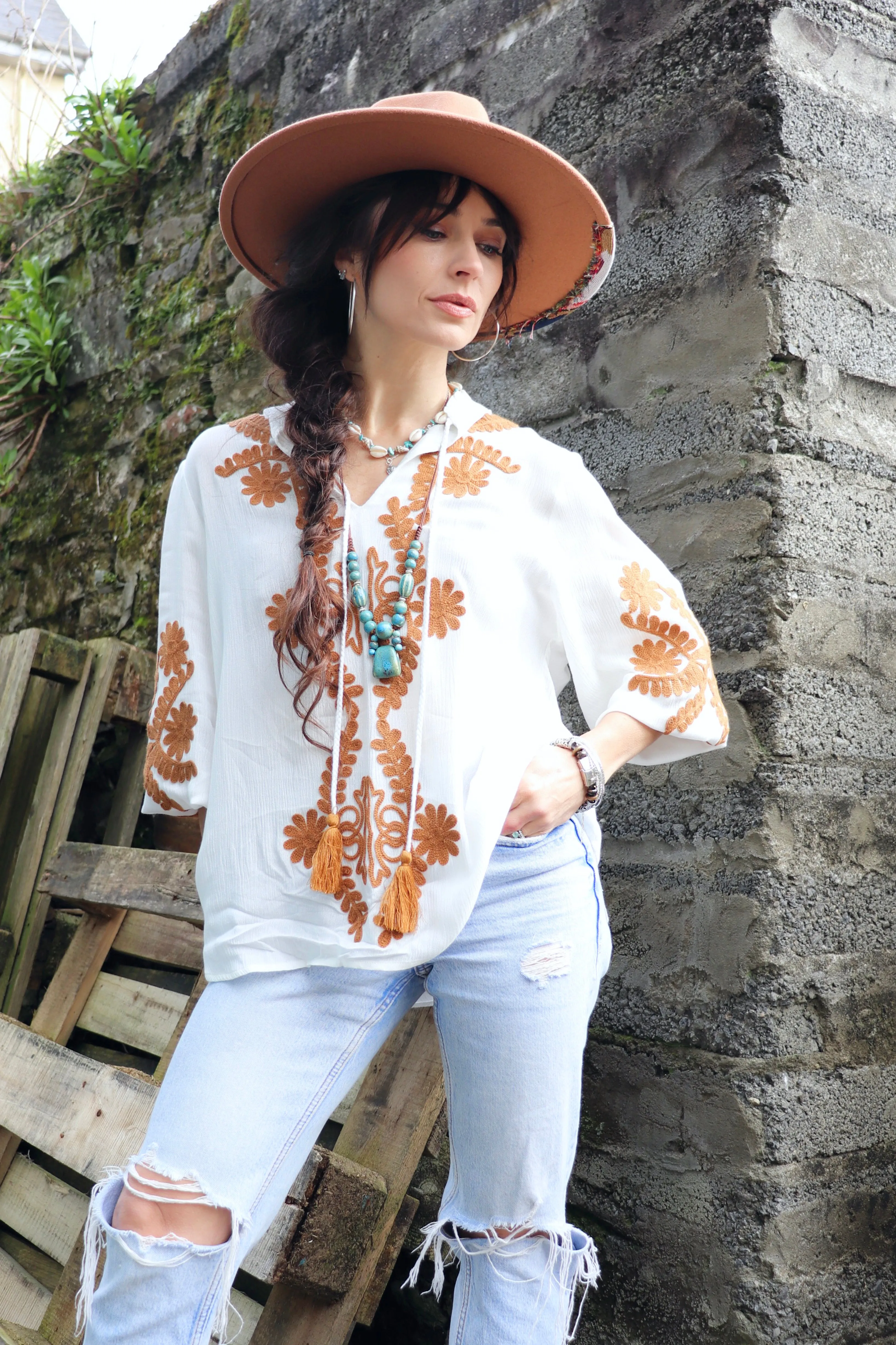 Floral embroidered peasant blouse