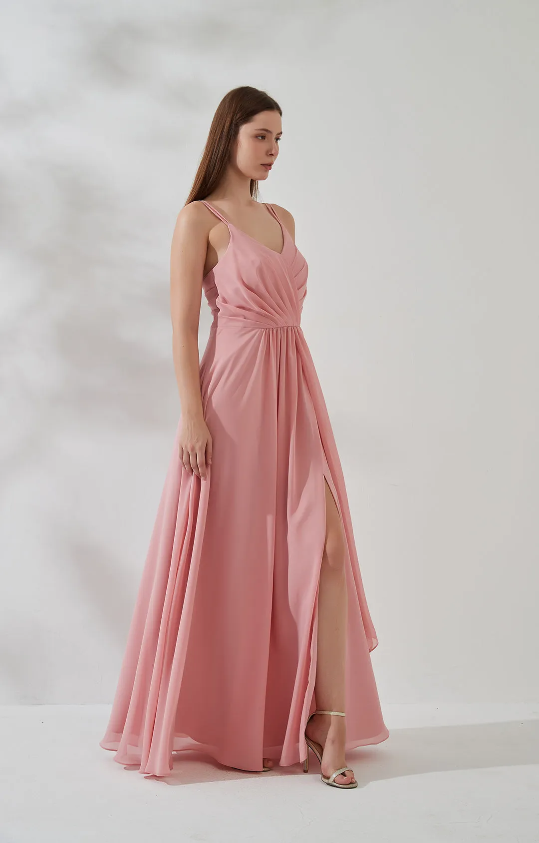 V-Neck Double Strap Side Split Pleats Ruching Ruffles Bridesmaid Dresses