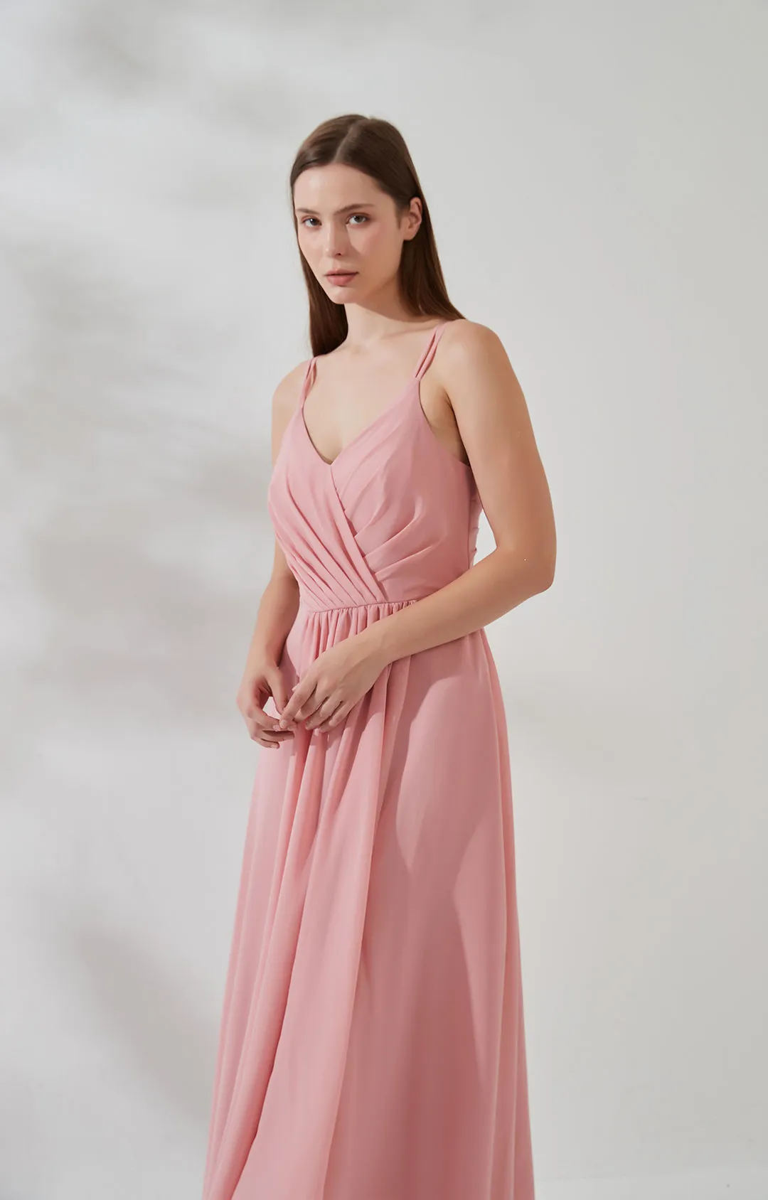 V-Neck Double Strap Side Split Pleats Ruching Ruffles Bridesmaid Dresses