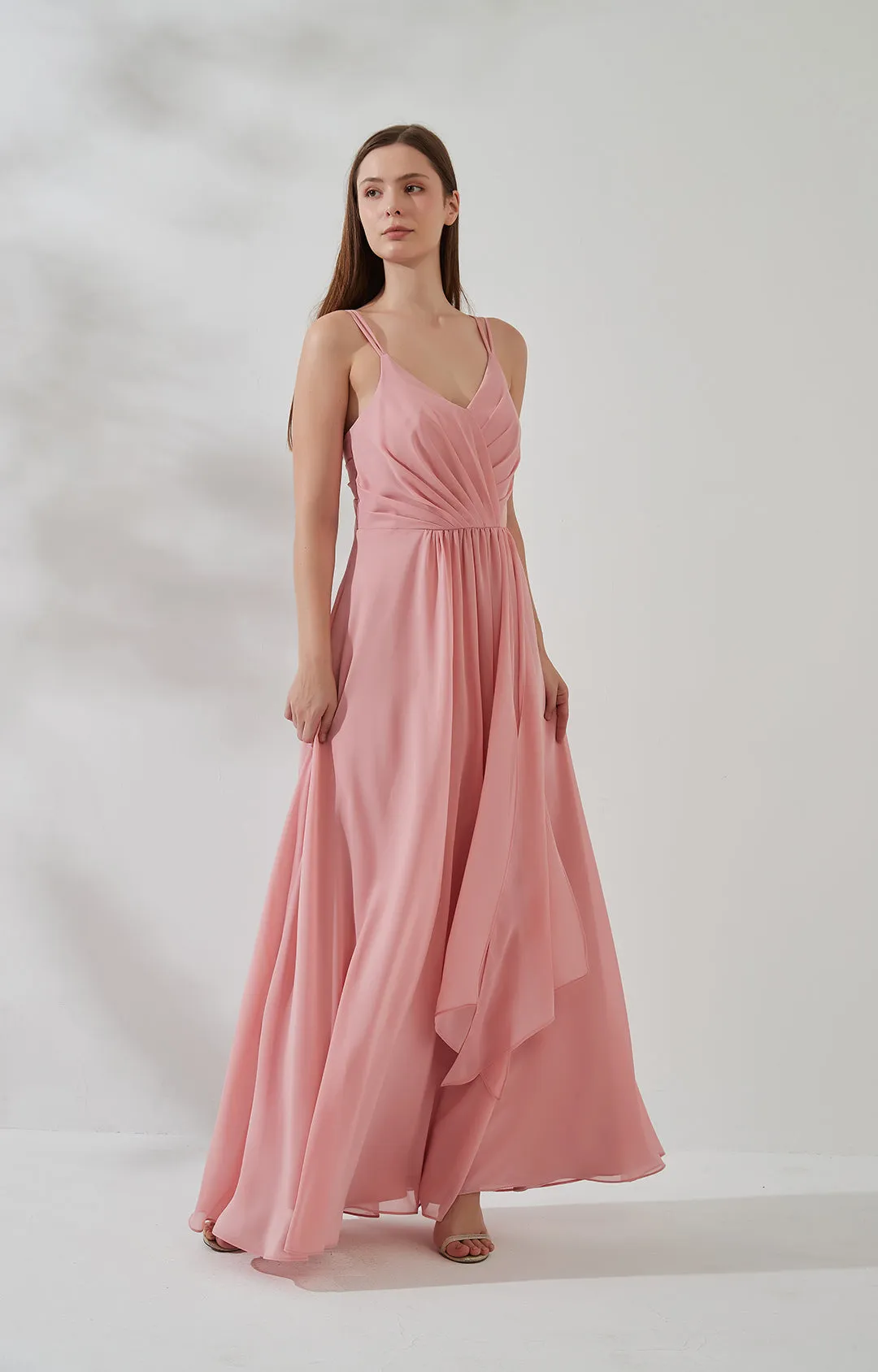V-Neck Double Strap Side Split Pleats Ruching Ruffles Bridesmaid Dresses