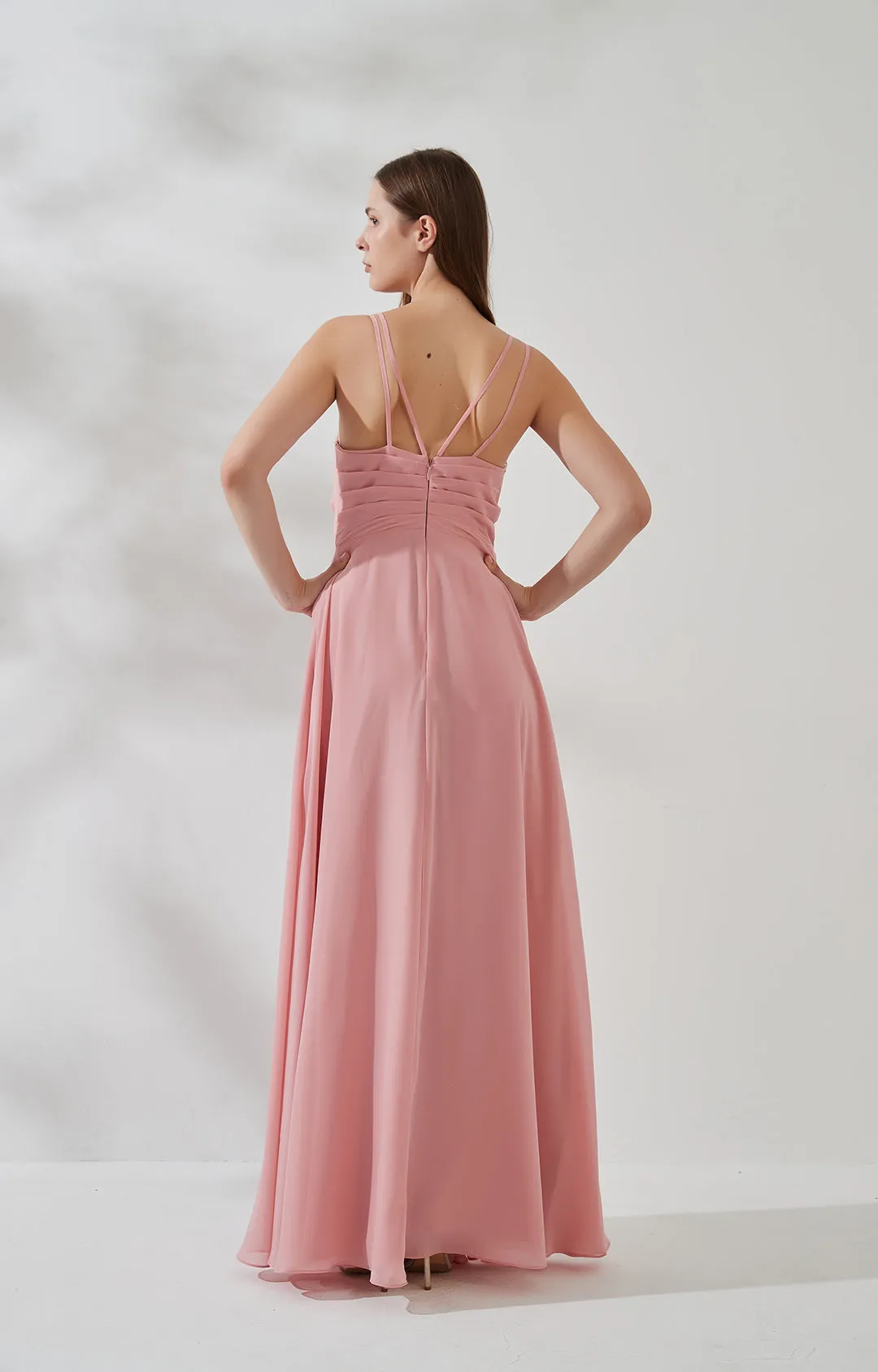 V-Neck Double Strap Side Split Pleats Ruching Ruffles Bridesmaid Dresses