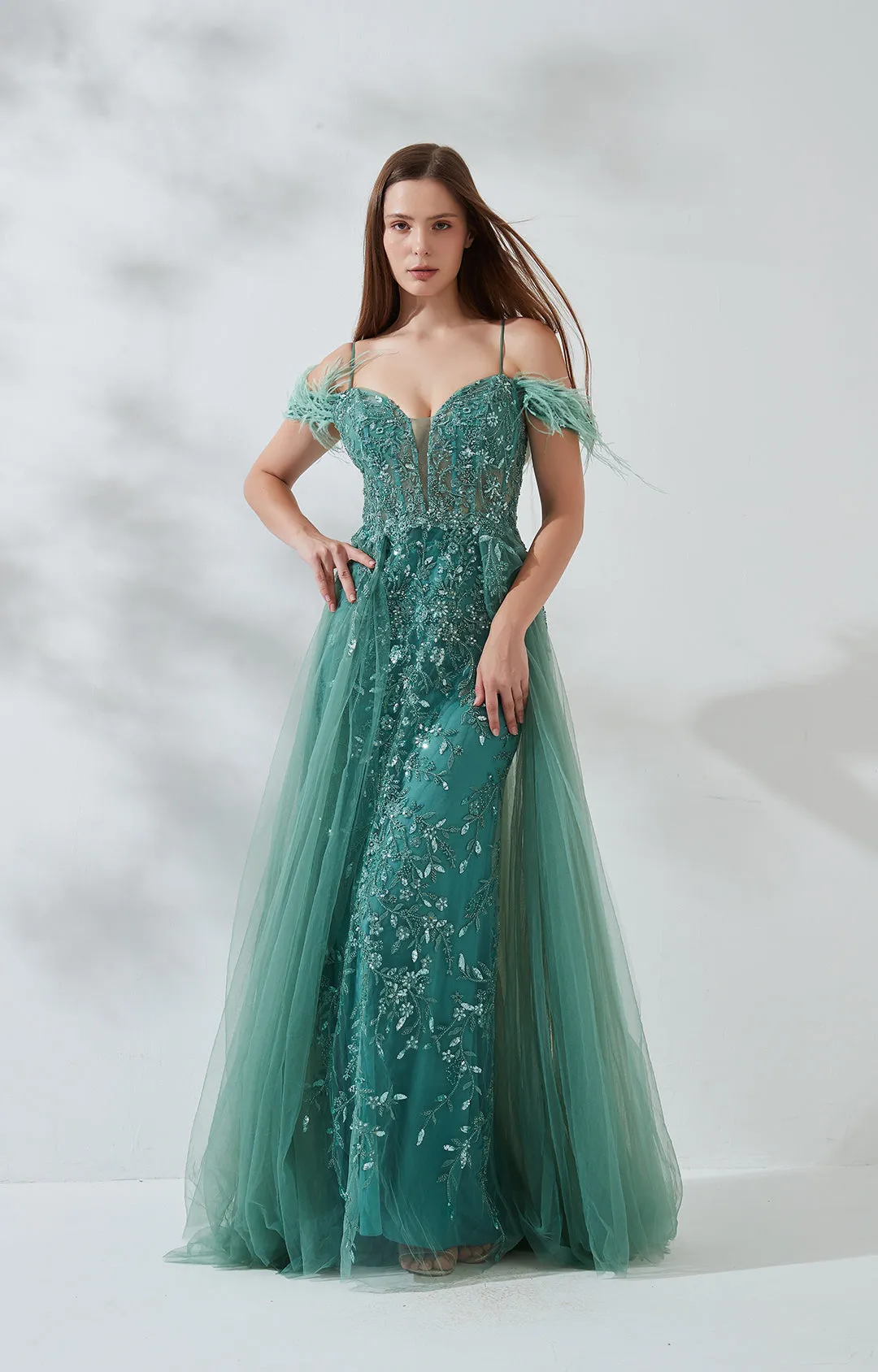 V-Neck Feather Drop Shoulder Sleeve Straps Appliqud Mesh Dress