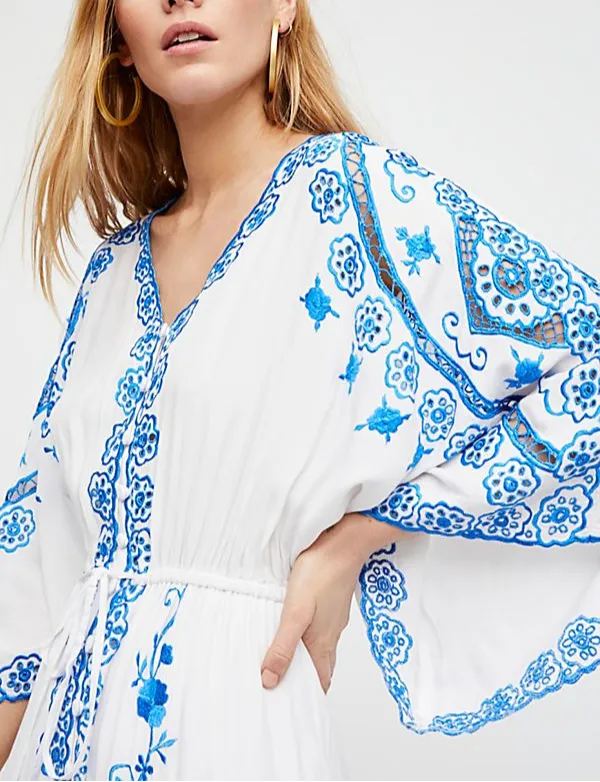 White V-Neck Long Sleeves Embroidered Boho Maxi Dress