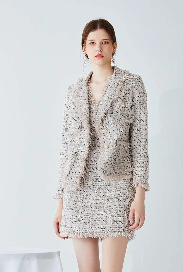 Women Classic Tweed Tassels Lapel Jacket