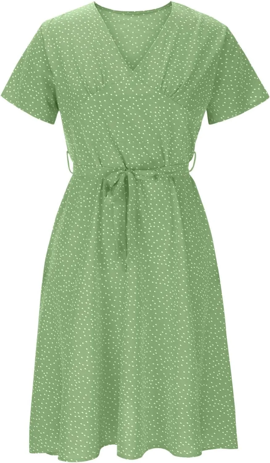 Womens Wedding Guest Dress Wrap Short Sleeve V Neck A-Line Sundress Casual Summer Flowy Midi Dress Plus Size