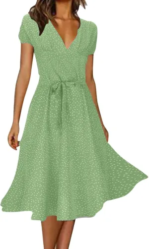 Womens Wedding Guest Dress Wrap Short Sleeve V Neck A-Line Sundress Casual Summer Flowy Midi Dress Plus Size