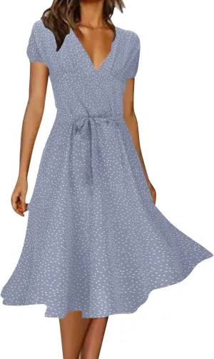 Womens Wedding Guest Dress Wrap Short Sleeve V Neck A-Line Sundress Casual Summer Flowy Midi Dress Plus Size