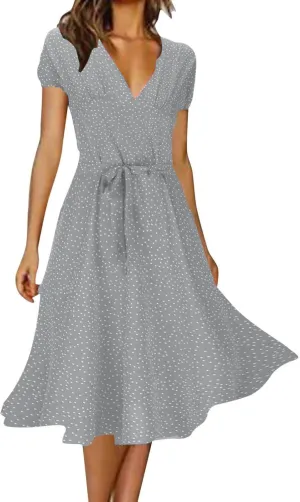Womens Wedding Guest Dress Wrap Short Sleeve V Neck A-Line Sundress Casual Summer Flowy Midi Dress Plus Size